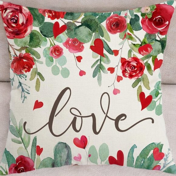 Floral Pillow Cover Valentines Day Decor Decorative Heart Sofa Accent Throw Case - Picture 2 of 6